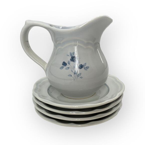 ~Pfaltzgraff Vintage Blue Rose Pattern Creamer Pitcher and Plate Set - Picture 2 of 10